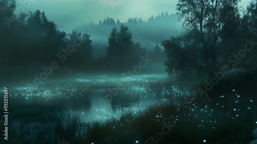 Ethereal landscape with glowing lights by a tranquil water body.