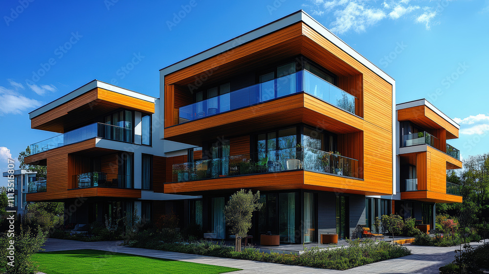 Modern three-story residential building with wooden facade and large glass windows surrounded by green landscape under clear blue sky Modern three-story residential building with wooden facade and large glass windows surrounded by green landscape under clear blue sky