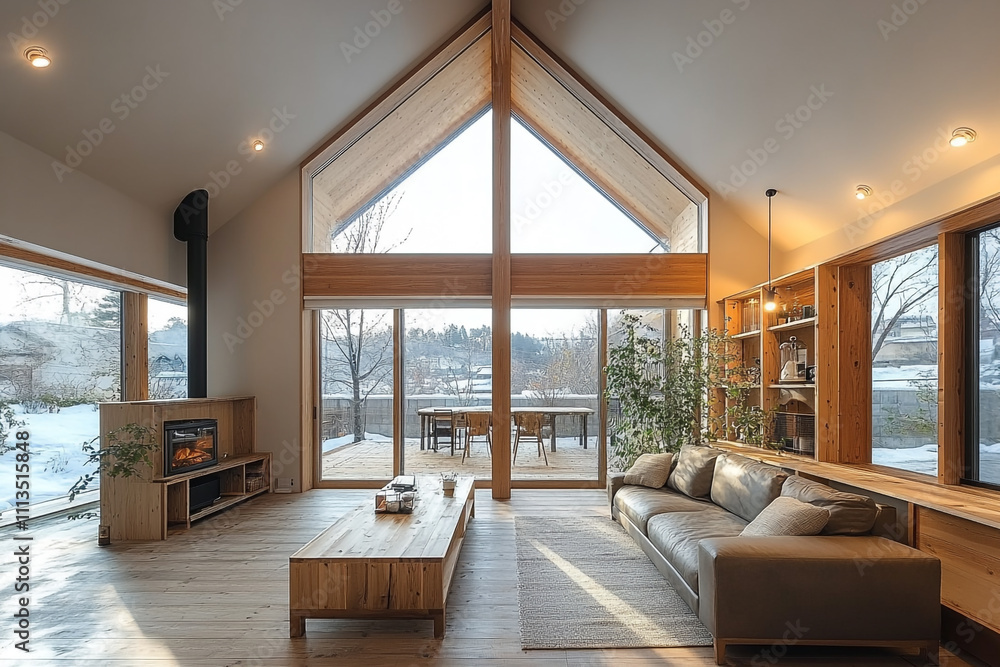 Fototapeta premium Modern Wooden Cabin Living Room With Large Windows