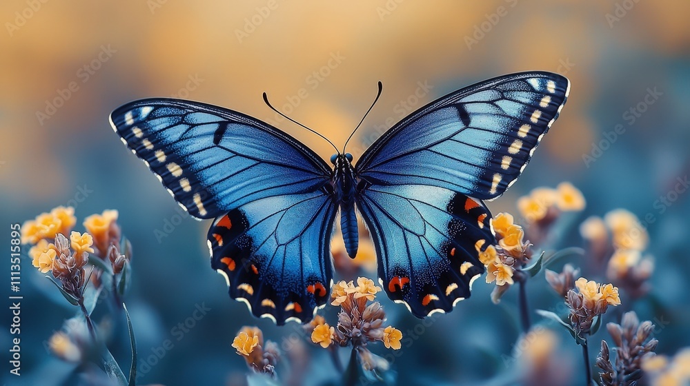 Fototapeta premium Vibrant blue butterfly resting on yellow blossoms in a lush spring garden
