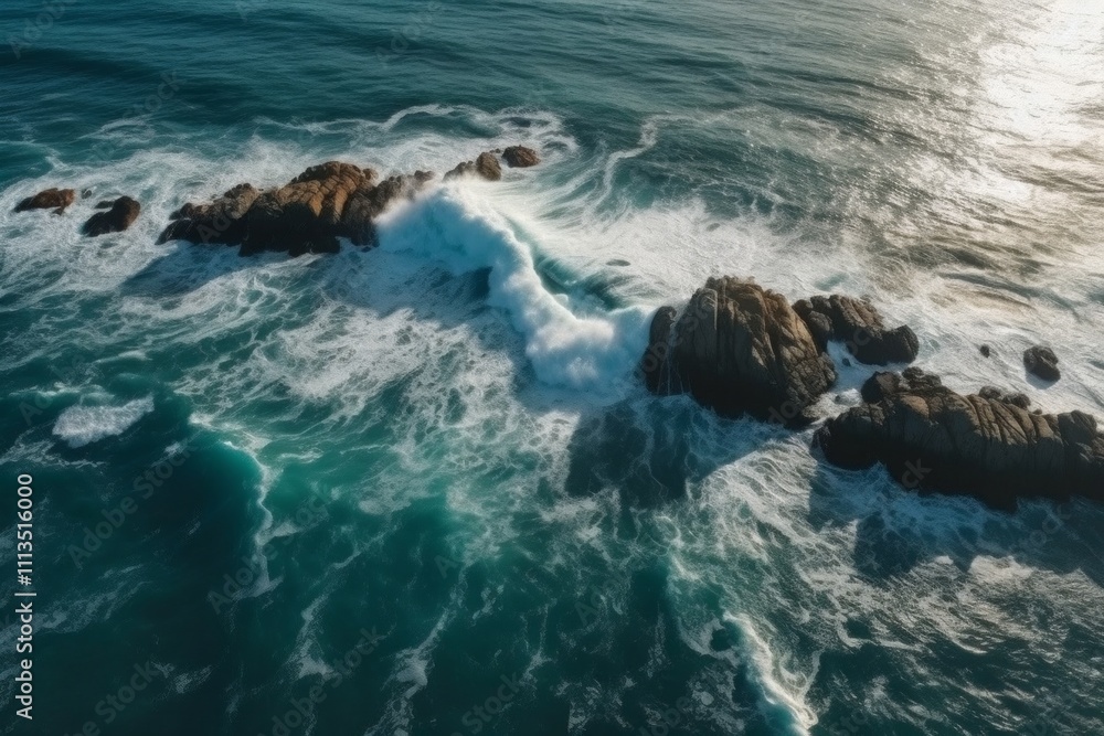 Obraz premium Aerial view of ocean waves crashing against rocks. AI generative. .