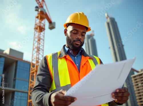 Construction worker reviewing plans on site with skyscrapers in the background during a bright day