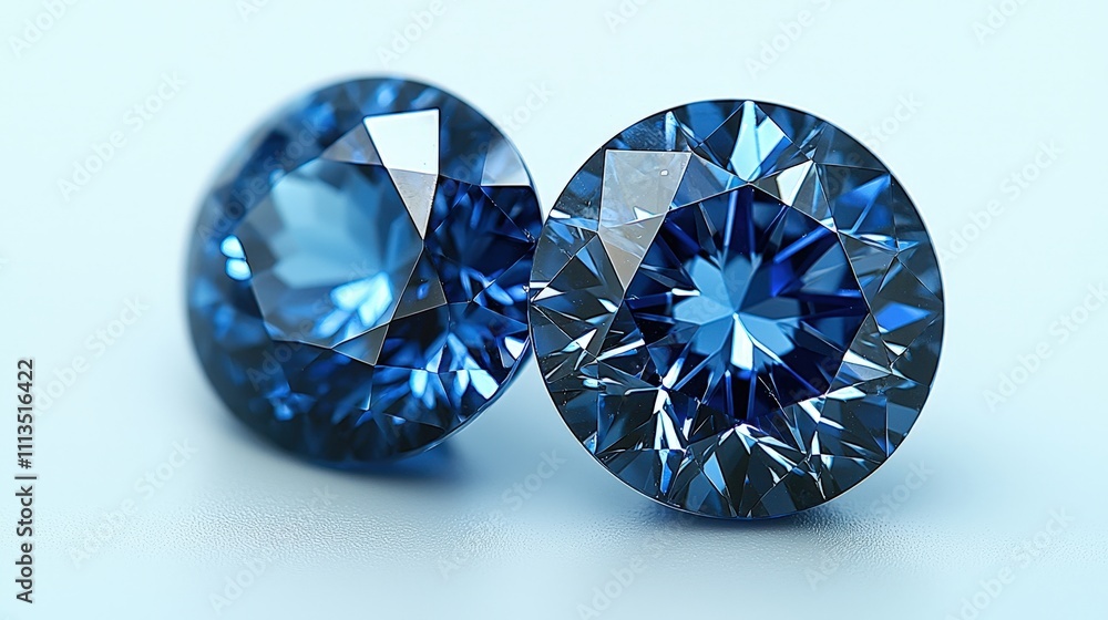 Fototapeta premium Elegant pair of sparkling blue diamonds: minimalist gemstone close-up on soft background