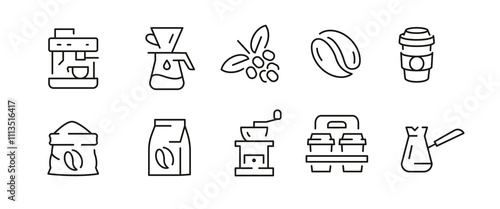 Coffee icons. Set of 10 coffee trendy minimal icons. Coffee grinder, Espresso machine, Coffee cup, French press. Design signs for web page, mobile app, packaging design. Vector illustration.
