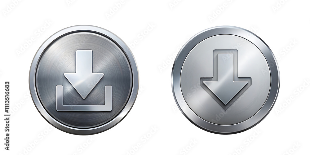 Silver metallic download icon button isolated on transparent background Silver metallic download icon button isolated on transparent background