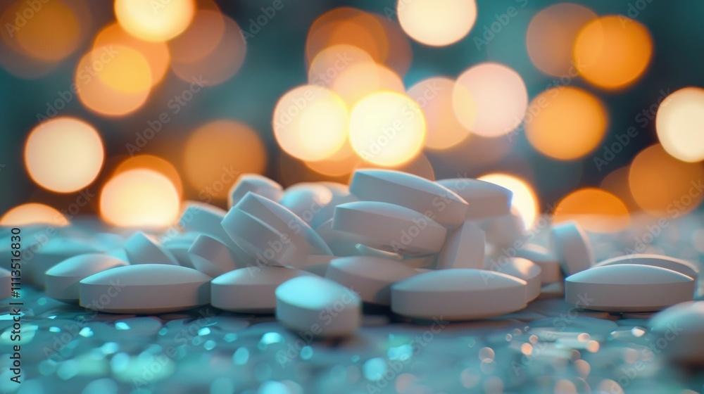 Pills, medication, health, healthcare, blurred background, abstract colorful bokeh effect, white tablets scattered on a reflective surface Pills, medication, health, healthcare, blurred background, abstract colorful bokeh effect, white tablets scattered on a reflective surface