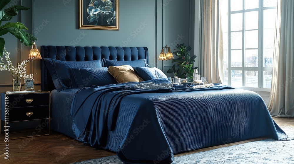 Obraz premium Elegant navy blue bedroom with luxurious bedding and modern decor accents