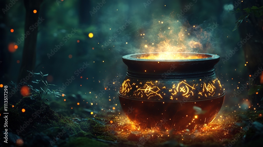 Mystical cauldron glowing with magical fire in dark forest. Mystical cauldron glowing with magical fire in dark forest.