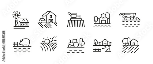 Farmhouse icons. Set of 10 farm-themed trendy minimal icons. Example: Farmhouse, Combine Harvester, Corn, Windmill icon. Design signs for web page, mobile app, packaging design. Vector illustration