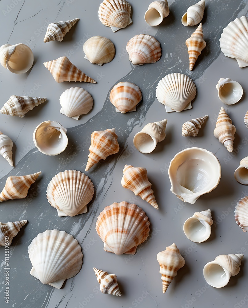 Different kind of seashells next to each other in random shapes and colors, sea creatures with gray background Different kind of seashells next to each other in random shapes and colors, sea creatures with gray background