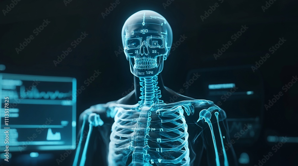 3D digital rendering of a human skeleton with visible bones, in a clinical setting, highlighted by glowing blue light, surrounded by medical diagnostic equipment. 3D digital rendering of a human skeleton with visible bones, in a clinical setting, highlighted by glowing blue light, surrounded by medical diagnostic equipment.