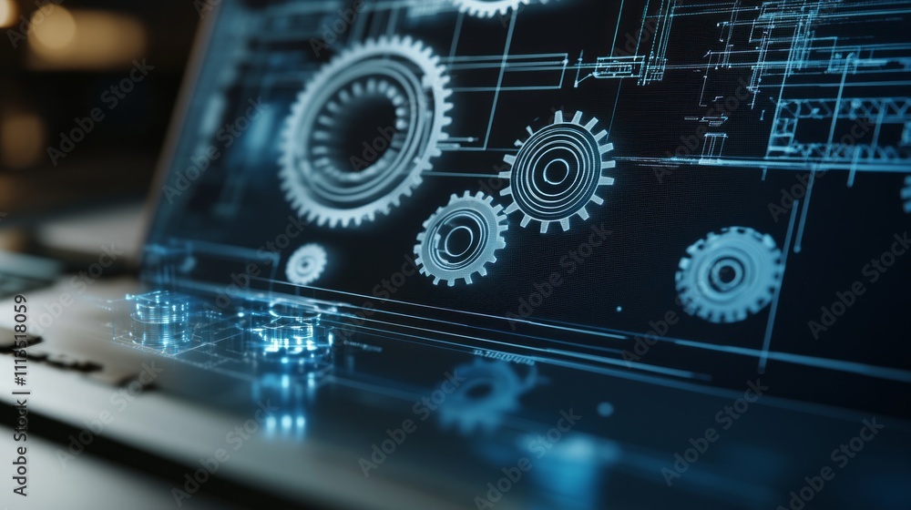 Futuristic laptop screen displaying digital gears and engineering drawings. Futuristic laptop screen displaying digital gears and engineering drawings.