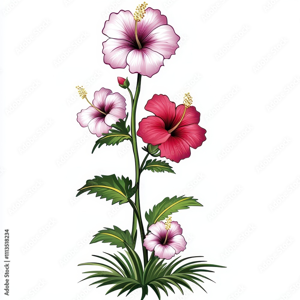 Obraz premium Vibrant Hibiscus Flowers in Vivid Colors with Delicate Petals and Lush Green Leaves, Perfect for Floral Illustrations, Botanical Prints, or Tropical Design Elements