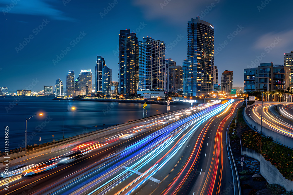 Fototapeta premium Nighttime Cityscape with Highway Traffic