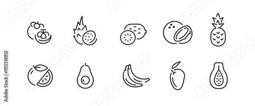Exotic Fruits icons. Set of 10 fruit trendy minimal icons. Lemon, Mango, Avocado, Banana, Kiwi, Pineapple icon. Design signs for web page, mobile app, packaging design. Vector illustration