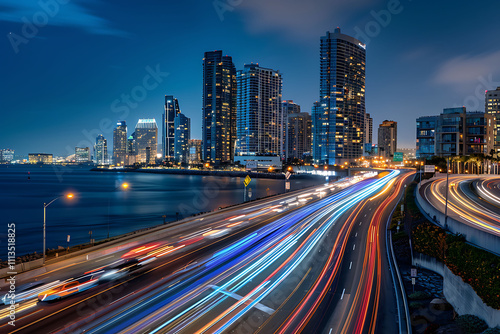 Nighttime Cityscape with Highway Traffic