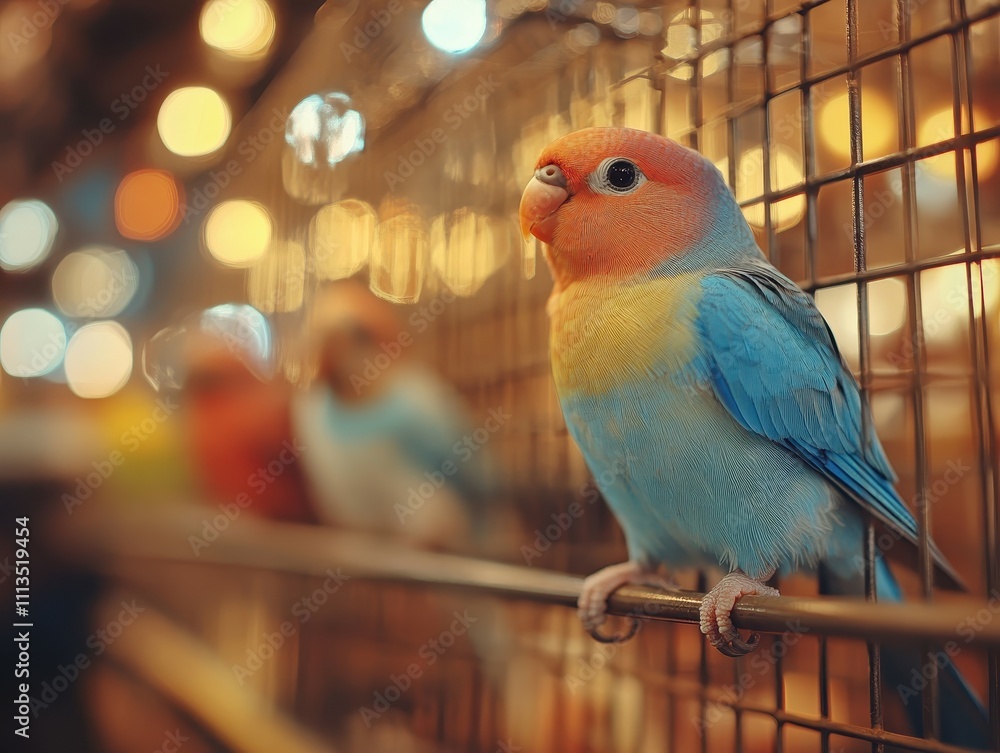 Obraz premium Vibrant parrot perched on cage with colorful bokeh background