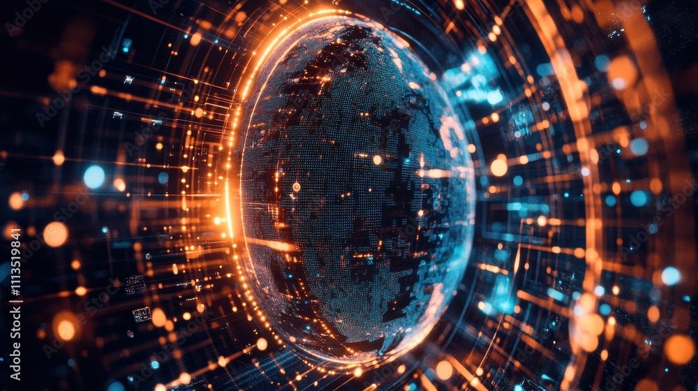 Fototapeta premium Abstract digital globe with glowing lines and data visualization