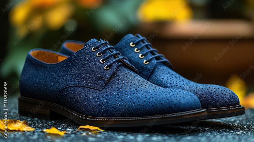 Stylish blue suede shoes with autumn leaves in urban setting Stylish blue suede shoes with autumn leaves in urban setting