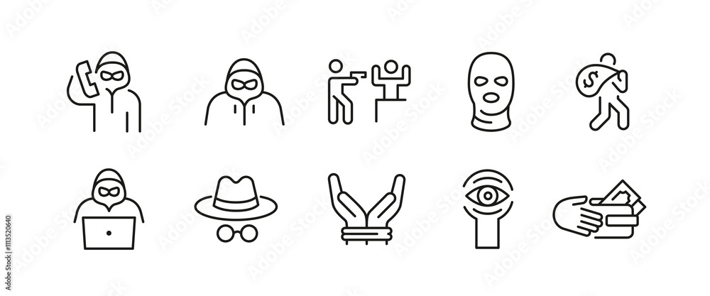 Fototapeta premium Crime icons. Set of 10 crime trendy minimal icons. Gun, Bomb, Incognito, Scammer, Injection, Knife, Handcuffs, Looting, Design signs for web page, mobile app, packaging design. Vector illustration