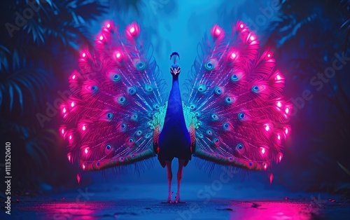 Fototapeta Naklejka Na Ścianę i Meble -  Peacock with Neon Pink and Blue Illuminated Feathers against a dark tropical backdrop