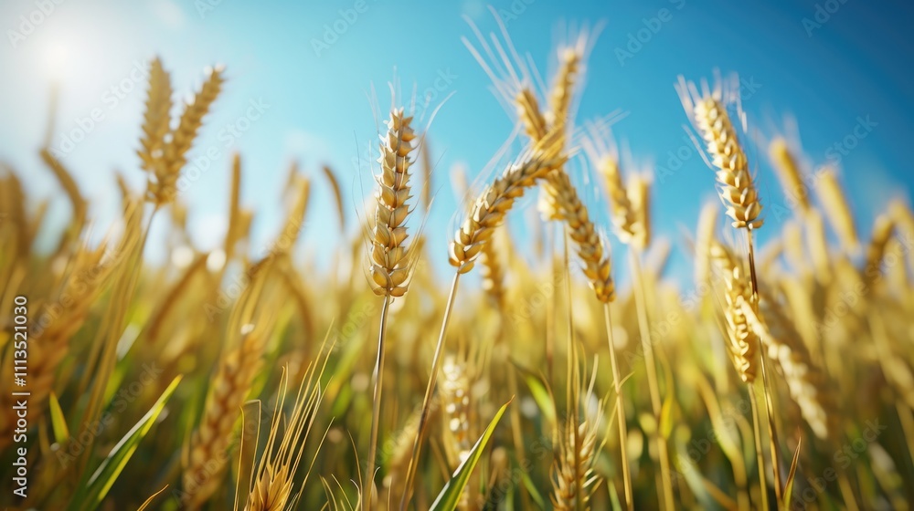 Close up of Golden Wheat Field Ripe Under A Sunny Blue Sky Background Close up of Golden Wheat Field Ripe Under A Sunny Blue Sky Background