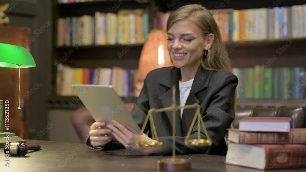 Female Lawyer Cheering Win on Tablet in Office Female Lawyer Cheering Win on Tablet in Office