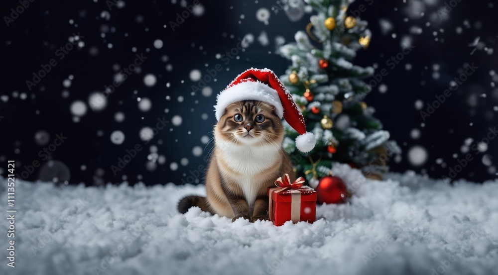 Fun Cat in Santa hat on Christmas tree. Funny Cat in Santa hat with Christmas gift on winter snow greeting card. Cat in Christmas Santa hat near Christmas tree on snow winter outdoor. New Year banner. Fun Cat in Santa hat on Christmas tree. Funny Cat in Santa hat with Christmas gift on winter snow greeting card. Cat in Christmas Santa hat near Christmas tree on snow winter outdoor. New Year banner.