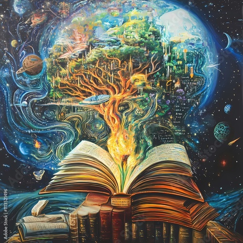 Artistic depiction of a magical book opening to reveal a vibrant universe with a glowing tree and celestial elements photo