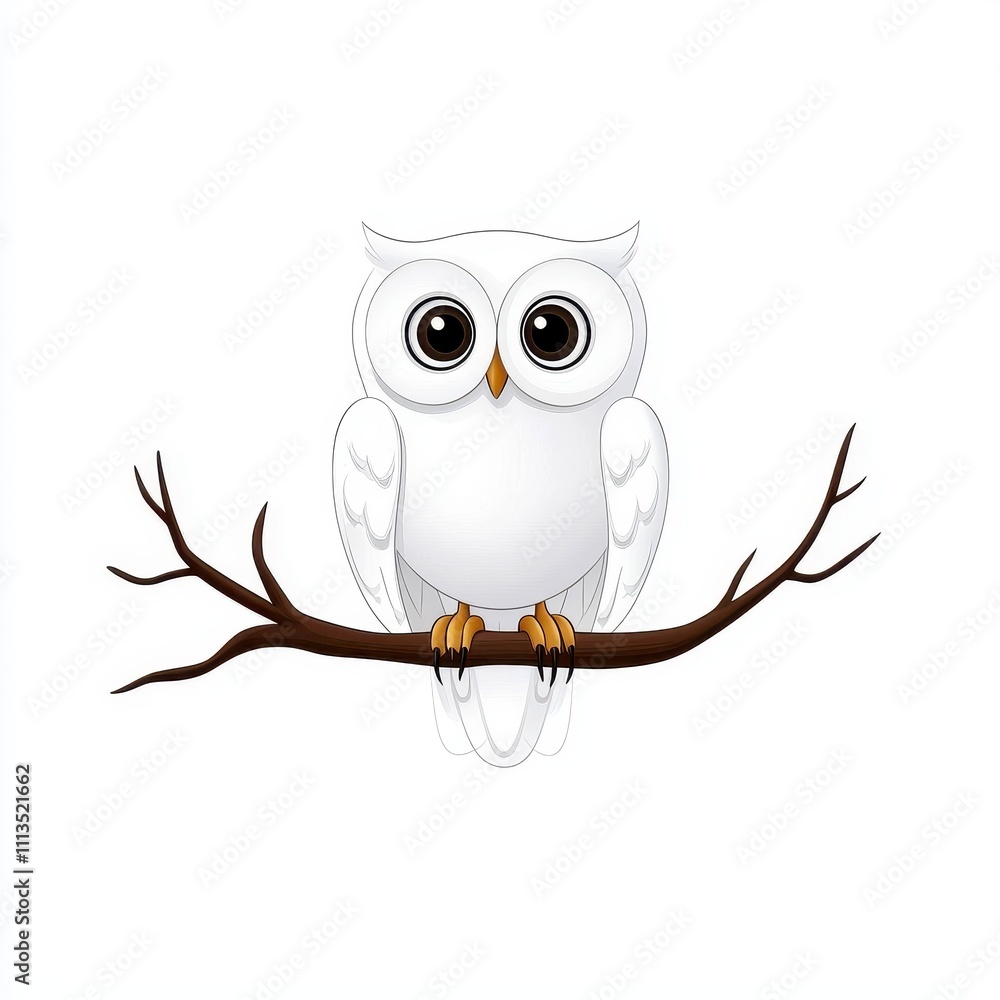 Fototapeta premium Charming White Owl Sitting on a Branch with Big Eyes, Cartoon Style, Cute Animal Illustration for Nature and Wildlife Themes