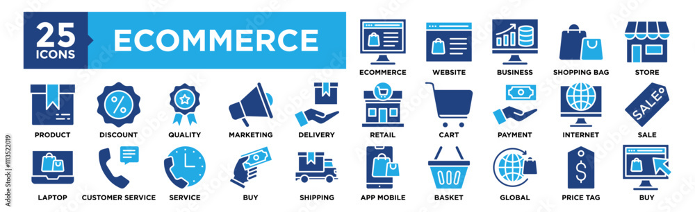 Ecommerce icon collection set. Containing design Ecommerce, Website, Business, Shopping Bag, Store Ecommerce icon collection set. Containing design Ecommerce, Website, Business, Shopping Bag, Store
