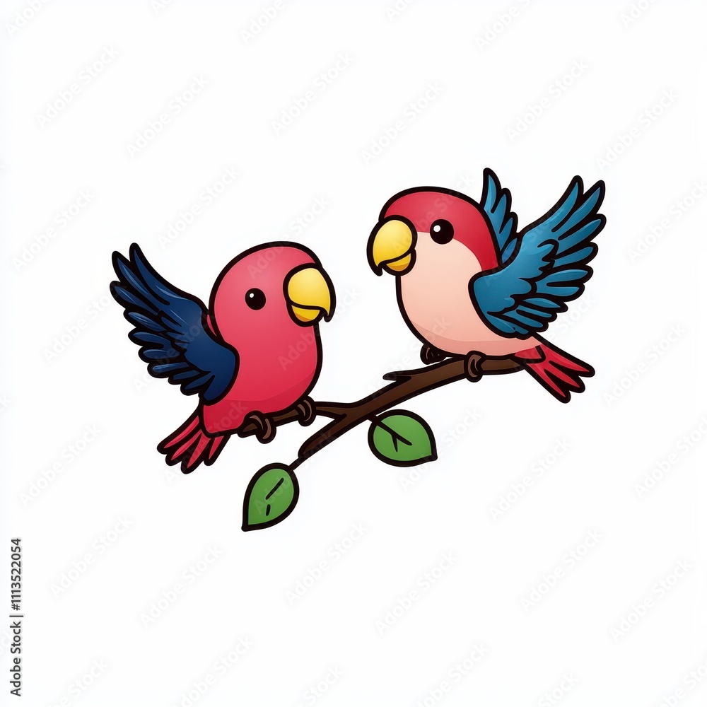 Fototapeta premium Cute and Colorful Cartoon Parrots Sitting on a Branch, Charming Tropical Birds with Vibrant Feathers in a Playful and Engaging Style for Children’s Illustrations