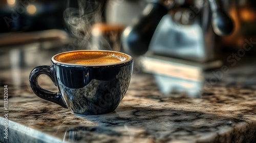 Steaming Espresso in Dark Cup on Marble Counter photo