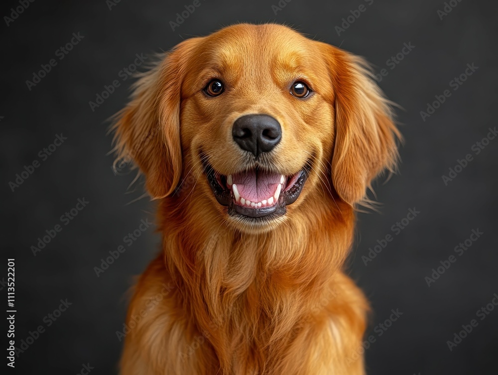 Golden retriever smiling with joyful expression on dark background Golden retriever smiling with joyful expression on dark background