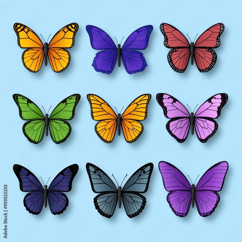 Colorful collection of butterflies in various styles featuring orange, blue, green, purple, and black wings on a soft blue background perfect for nature and art themes. Colorful collection of butterflies in various styles featuring orange, blue, green, purple, and black wings on a soft blue background perfect for nature and art themes.