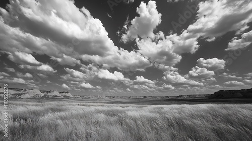 Panoramic black and white landscape of a vast prairie, dramatic clouds, and distant mesas.