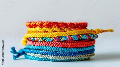 A stack of colorful friendship bracelets on a solid white background