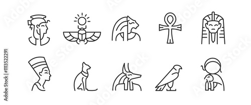 Ancient Egypt gods icons. Set of 10 trendy icons with key elements of ancient Egyptian culture and mythology such as Sphinx, Pyramids, Pharaoh, Ra. Design signs for mobile app. Vector illustration 