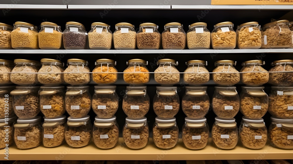 On the supermarket shelf are dried nuts. A range of nuts and seeds are on display in reusable food dispensers at the supermarket shop. Jars of dry food in organic containers on a shelf On the supermarket shelf are dried nuts. A range of nuts and seeds are on display in reusable food dispensers at the supermarket shop. Jars of dry food in organic containers on a shelf