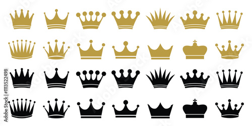 set of crowns vector. Collection of quolity crowns. Black and gold crown diverse design isolated on white background. Royals crown symbol silhouette.