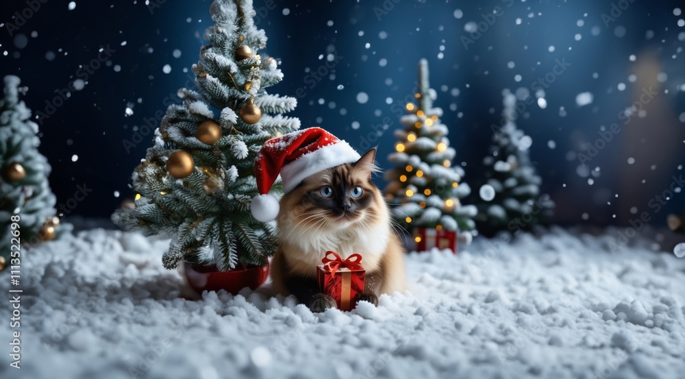 Cat in Santa hat on Christmas tree. Funny Cat in red Santa hat with Christmas gift on winter snow greeting card. Cat in Christmas Santa hat near Christmas tree on snow winter outdoor. New Year card. Cat in Santa hat on Christmas tree. Funny Cat in red Santa hat with Christmas gift on winter snow greeting card. Cat in Christmas Santa hat near Christmas tree on snow winter outdoor. New Year card.