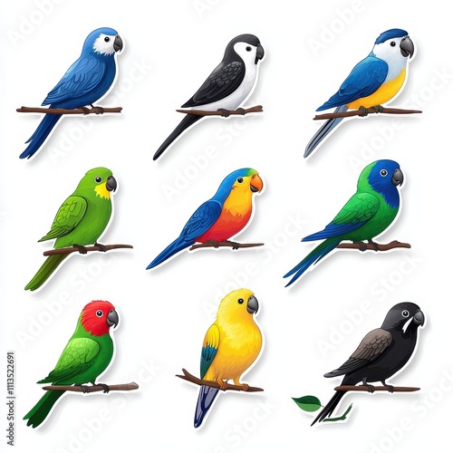 A Colorful Array of Nine Cartoon Parrots Perched on Branches, Featuring a Variety of Unique Species in Vibrant Colors and Engaging Designs for Creative Use photo