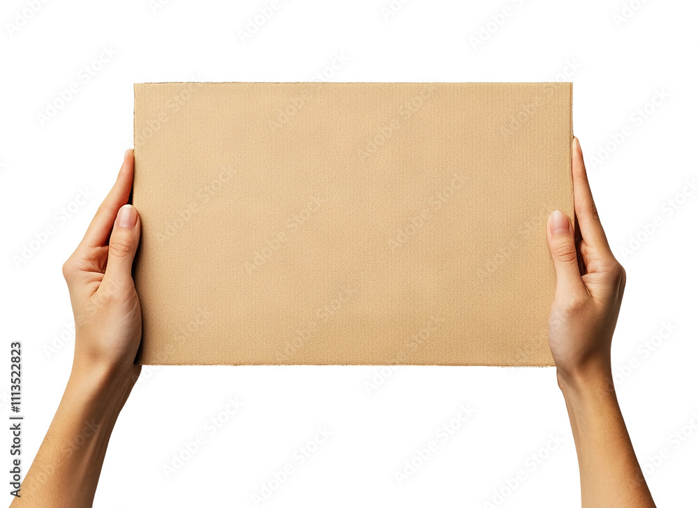 Hands holding a blank cardboard placard, isolated on transparent cutout background Hands holding a blank cardboard placard, isolated on transparent cutout background