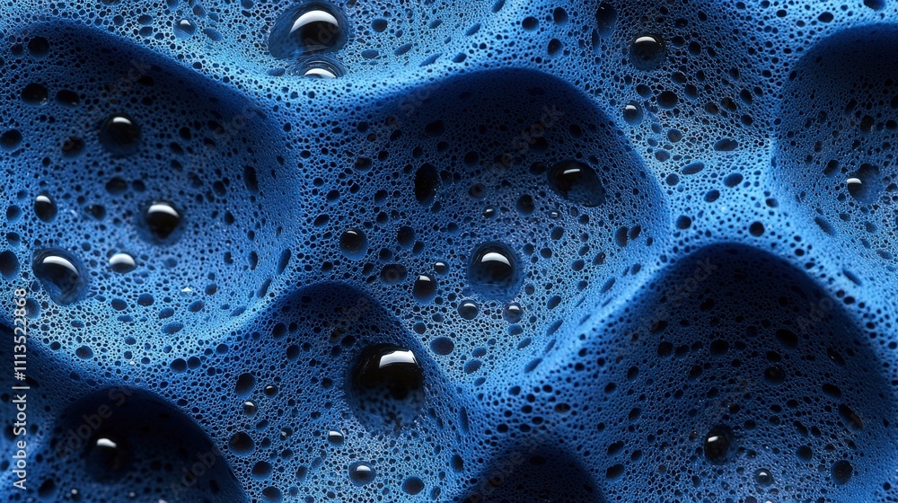 Abstract close-up of blue sponge with water droplets and textured surface patterns Abstract close-up of blue sponge with water droplets and textured surface patterns
