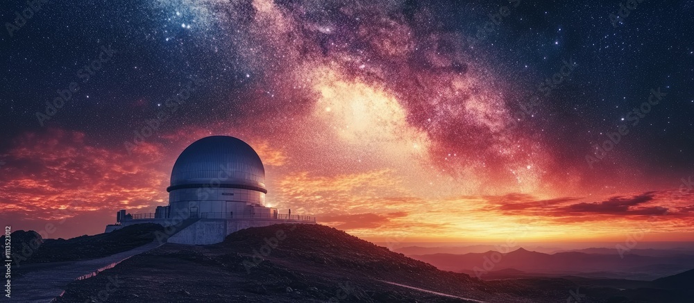 Majestic observatory silhouetted against a vibrant sunset and the Milky Way. Majestic observatory silhouetted against a vibrant sunset and the Milky Way.
