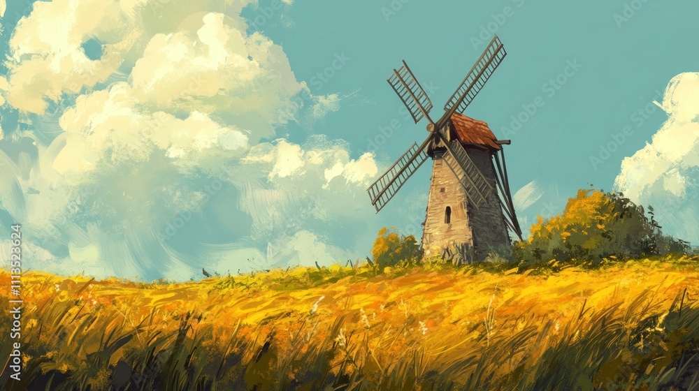 Fototapeta premium A serene landscape featuring a windmill amidst golden fields under a blue sky.