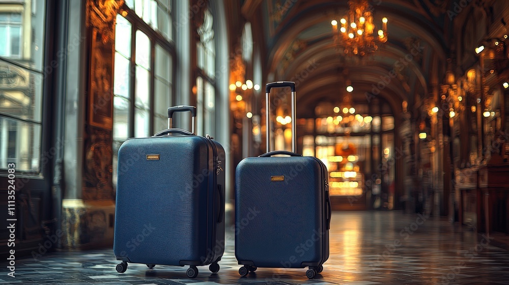 Elegant travel: stylish luggage sets in luxurious hallway setting Elegant travel: stylish luggage sets in luxurious hallway setting