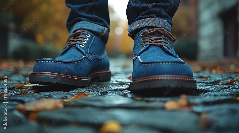 Stylish blue suede boots on cobblestone street with autumn leaves Stylish blue suede boots on cobblestone street with autumn leaves