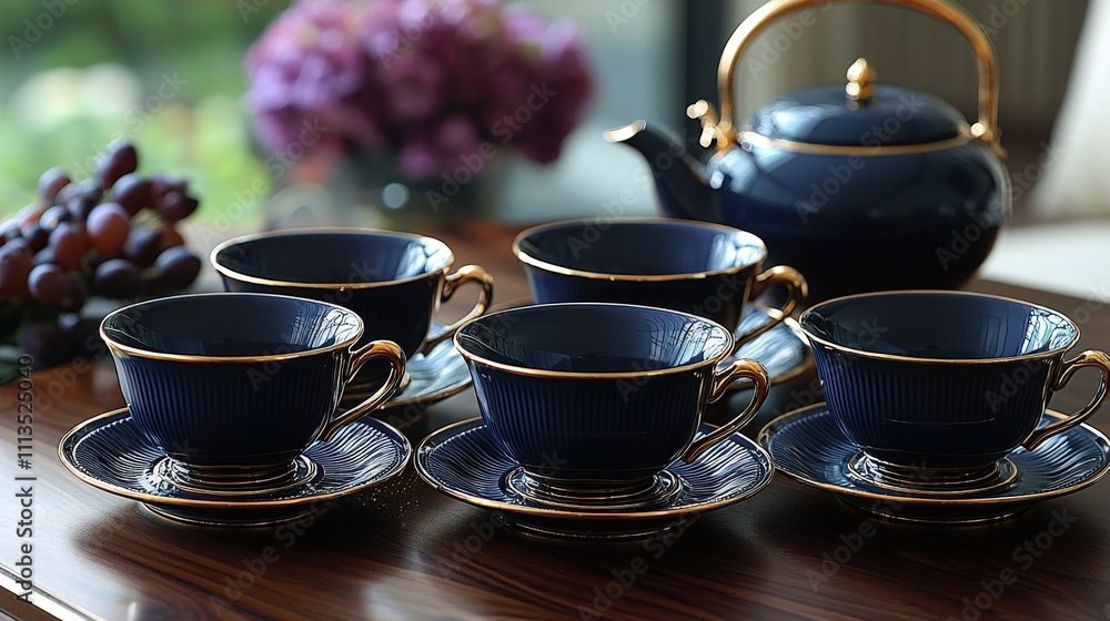 Elegant blue tea set with grapes on a wooden table near a window Elegant blue tea set with grapes on a wooden table near a window