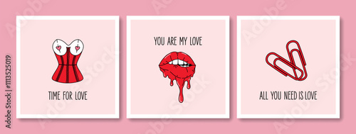 Hand drawn greeting cards set of Valentines Day and Love with typography. Vintage design with romantic elements and stickers. Vector doodle concept for print, banner, invitation, poster, flyer.